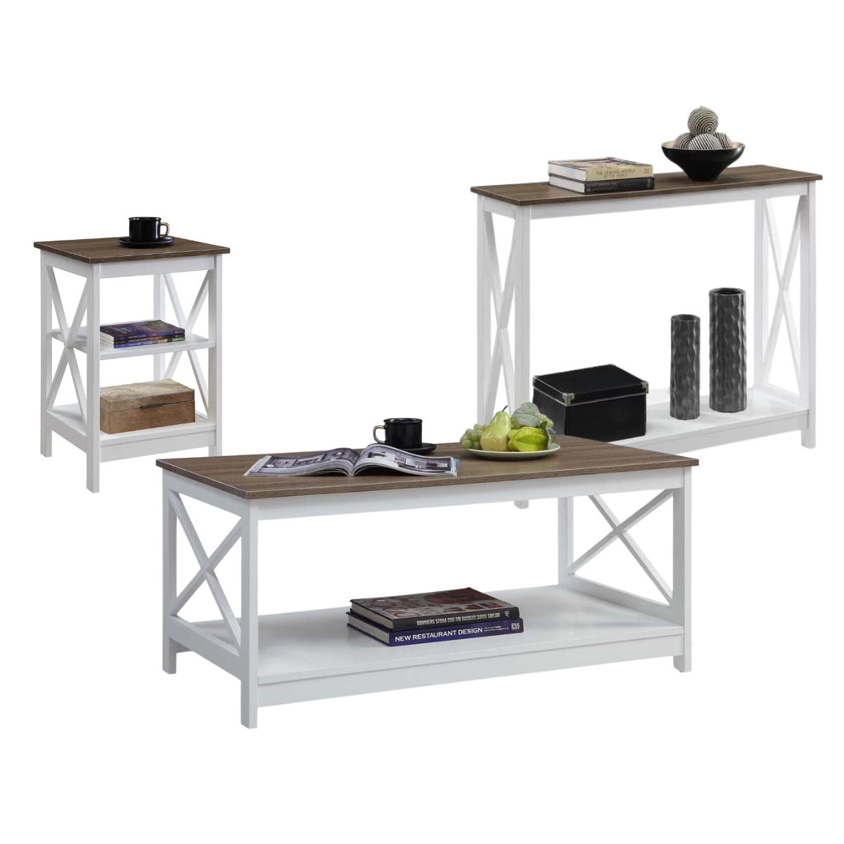 3pce Oxford Oak Top Coffee Table, Side Table & Console